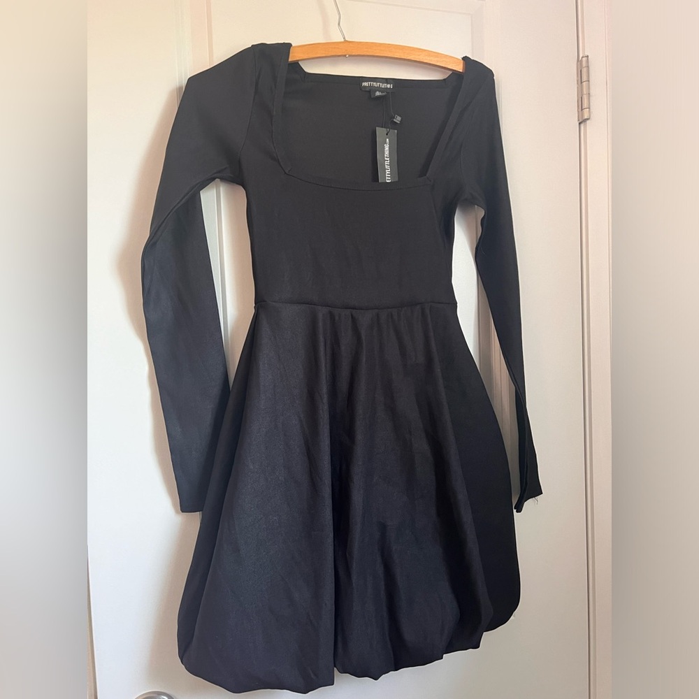 Black PLT mini long sleeve dress with bubble hem & square neckline NWT